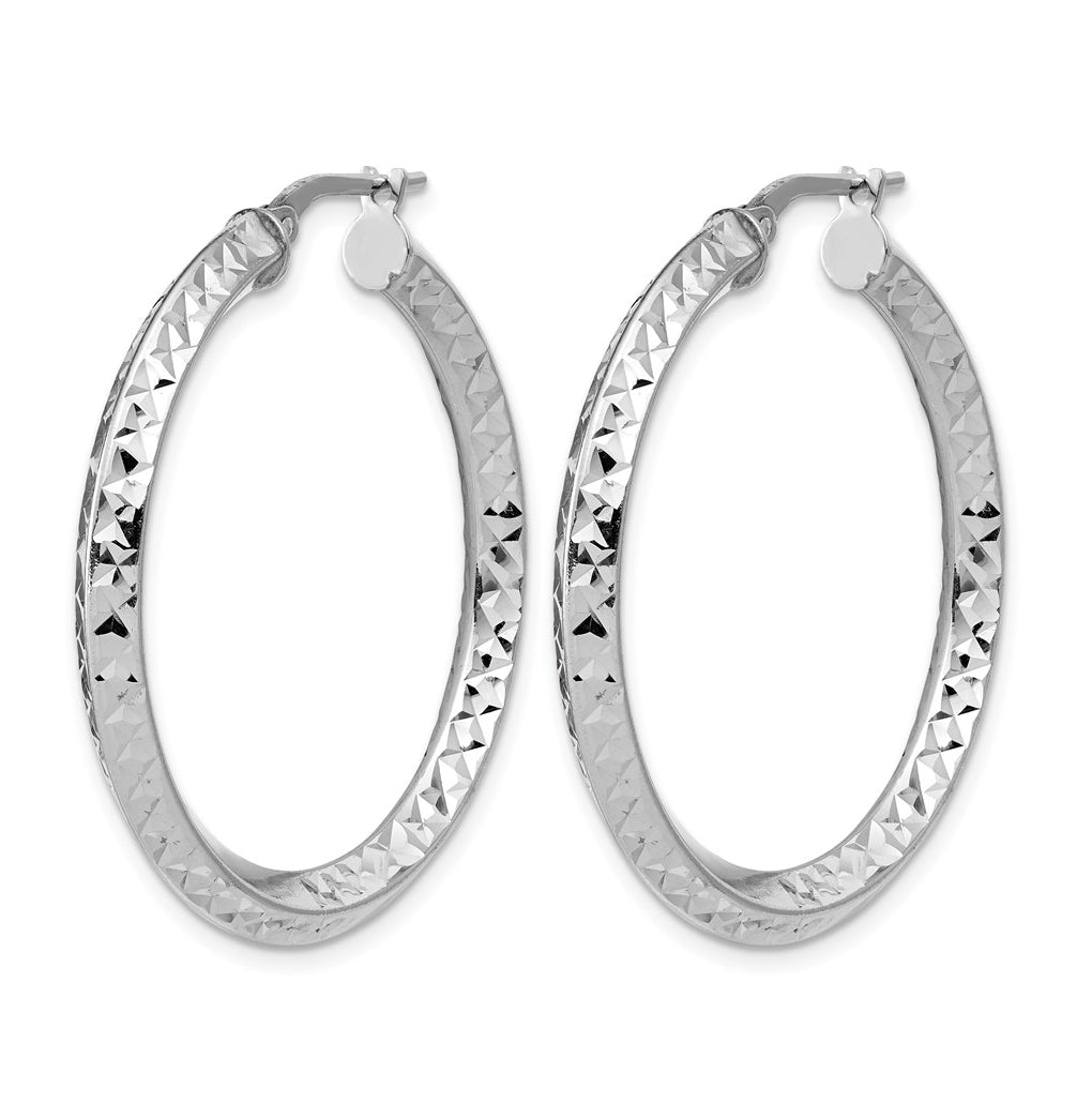 Sterling Silver RH-plated Polished and Diamond-cut Hoop Earrings