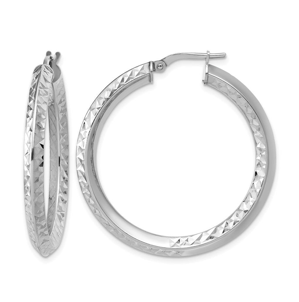 Sterling Silver RH-plated Polished and Diamond-cut Hoop Earrings