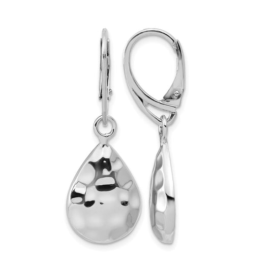 Sterling Silver RH-plated Polished Hammered Leverback Earrings
