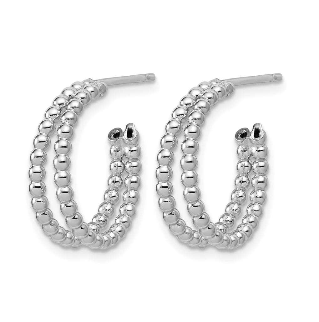 Sterling Silver RH-plated Polished Beaded J-Hoop Earrings