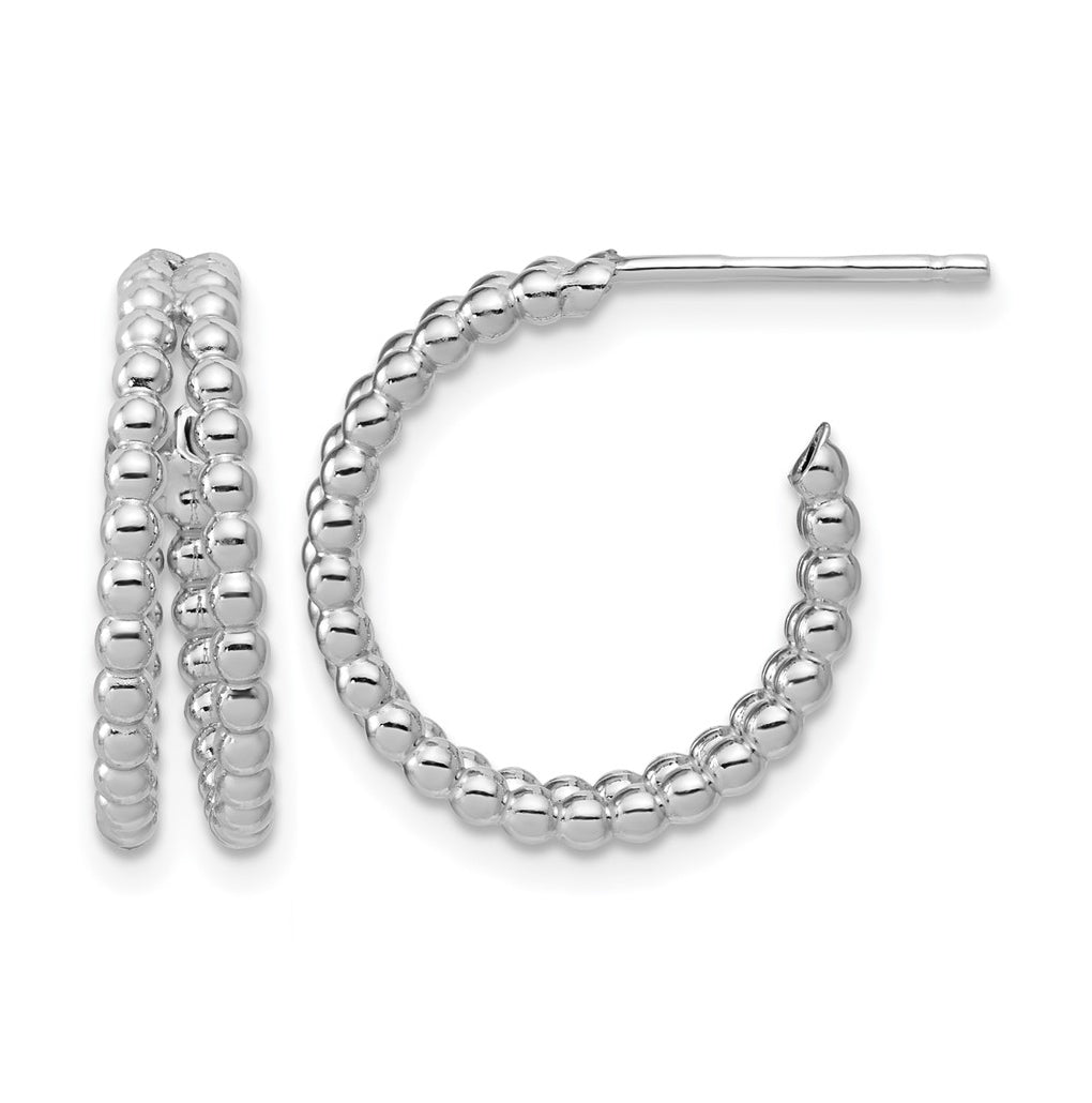 Sterling Silver RH-plated Polished Beaded J-Hoop Earrings