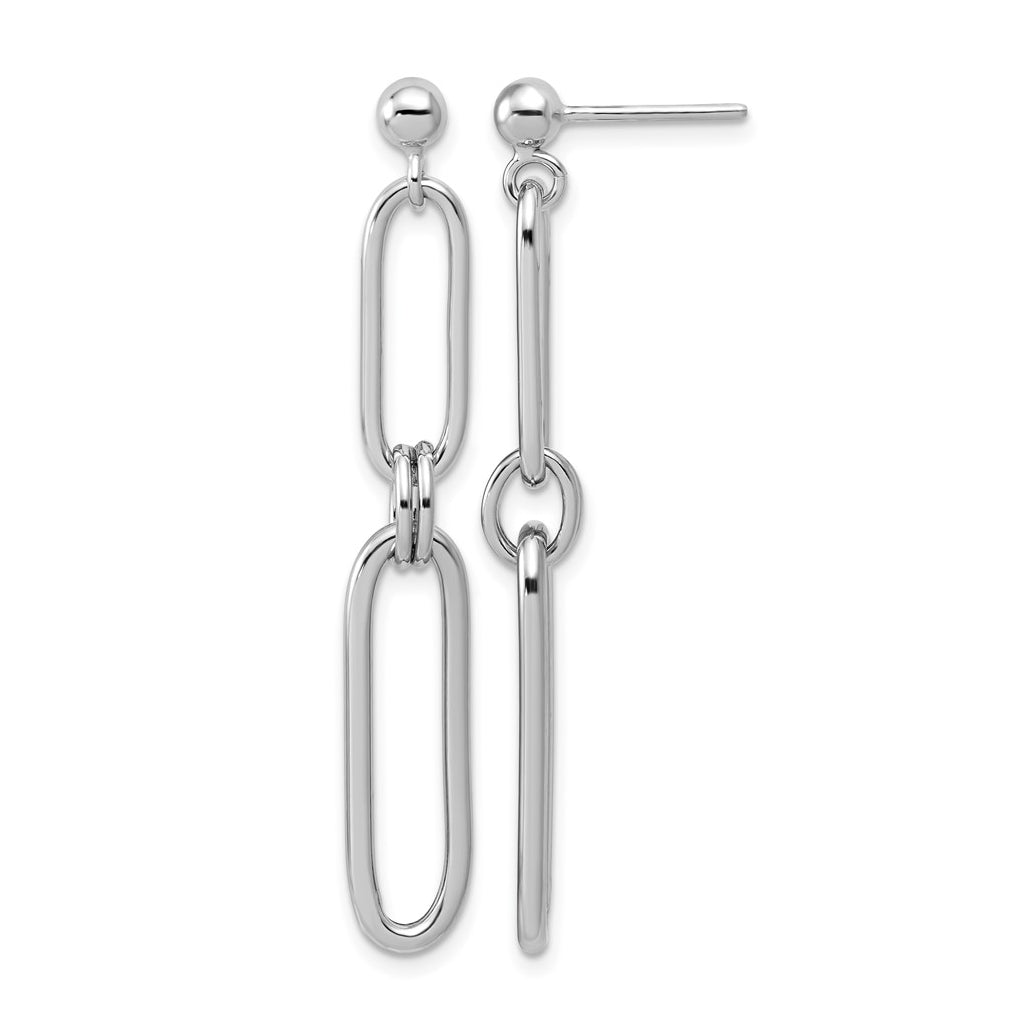 Sterling Silver RH-plt Polish Paperclip Link Dangle Post Earrings