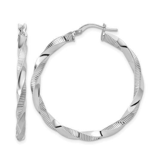 Sterling Silver RH-plated Twisted Textured Hoop Earrings