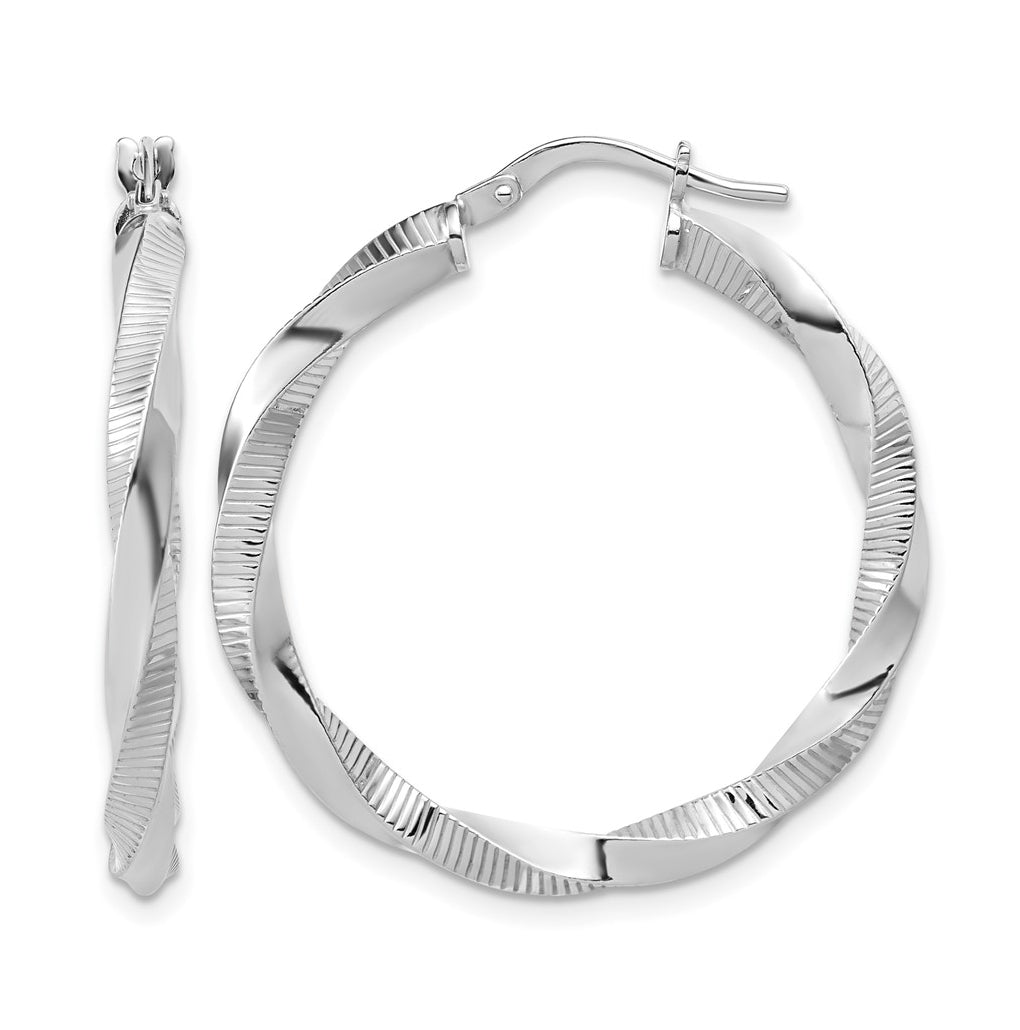 Sterling Silver RH-plated Twisted Textured Hoop Earrings