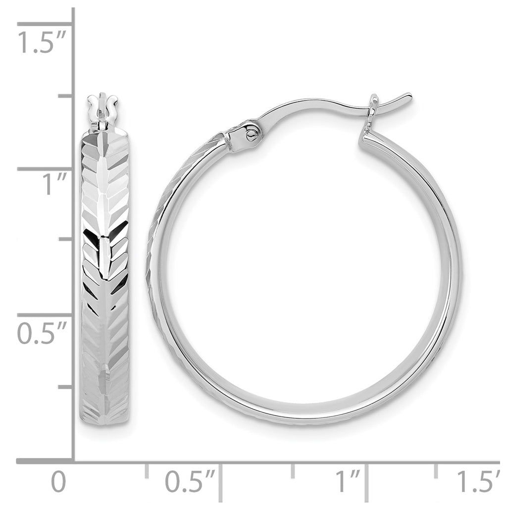 Sterling Silver RH-plated Polished and Diamond-cut Hoop Earrings