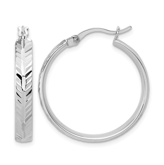 Sterling Silver RH-plated Polished and Diamond-cut Hoop Earrings