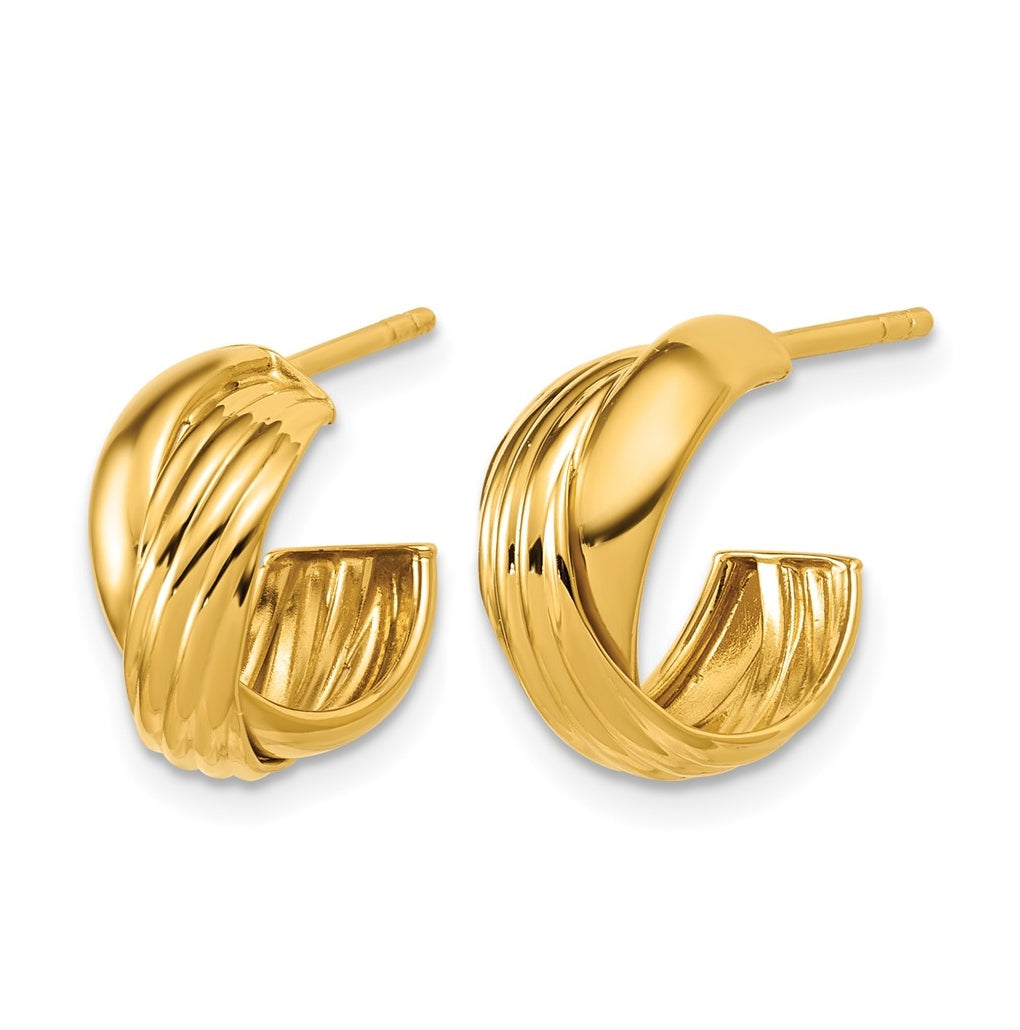 Sterling Silver Gold-tone Polished/Grooved Criss-cross J-hoop Post