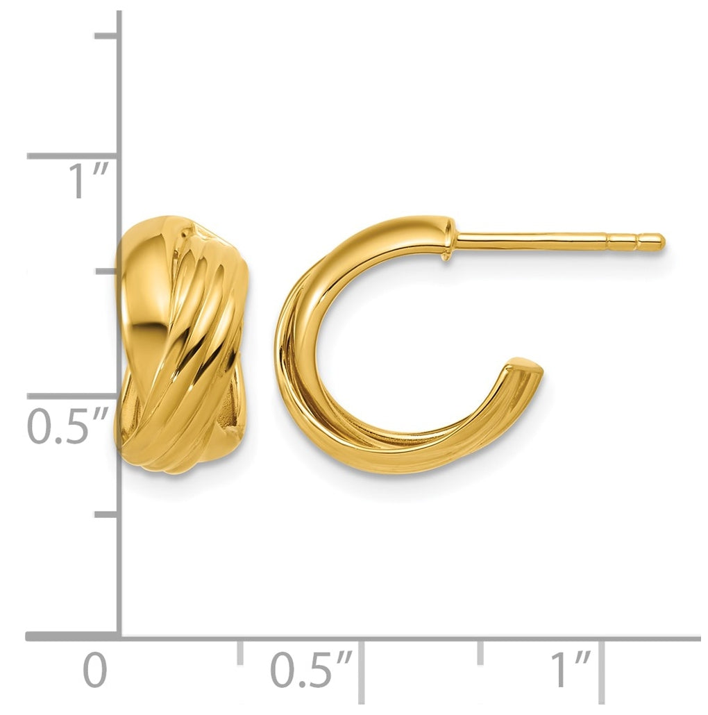 Sterling Silver Gold-tone Polished/Grooved Criss-cross J-hoop Post