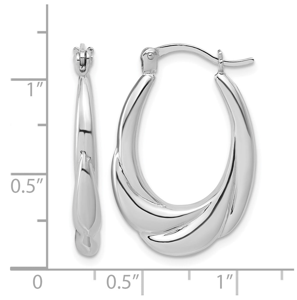 Sterling Silver RH-plated Polished and Grooved Oval Hoop Earrings