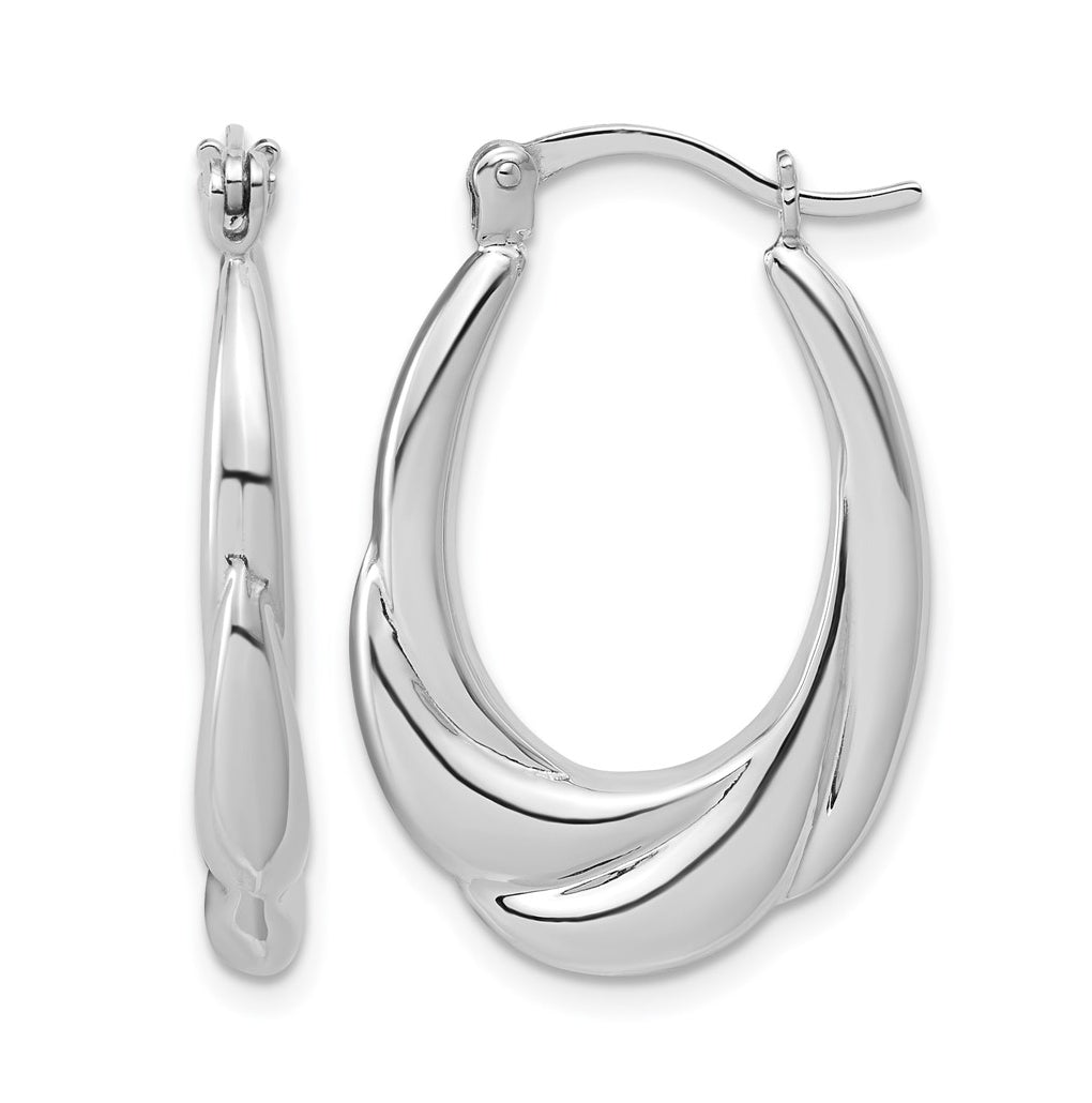 Sterling Silver RH-plated Polished and Grooved Oval Hoop Earrings