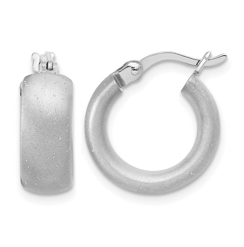 Sterling Silver Radiant Esse RH-plat Satin Sparkle Hoop Earrings