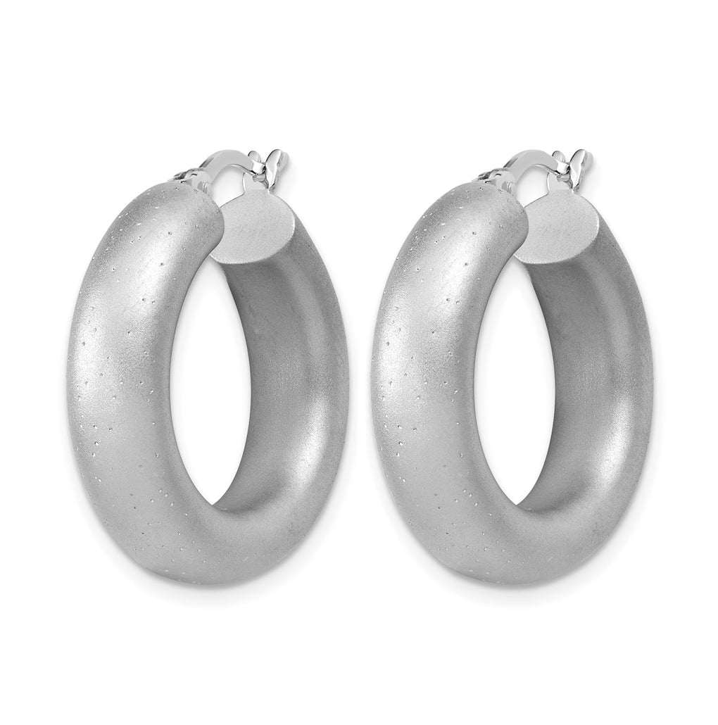 Sterling Silver Radiant Esse RH-plat Satin Sparkle Hoop Earrings