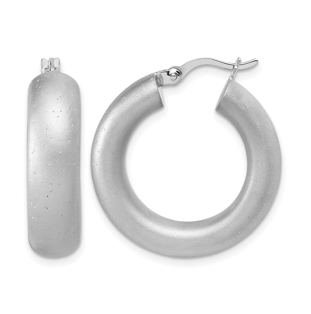 Sterling Silver Radiant Esse RH-plat Satin Sparkle Hoop Earrings