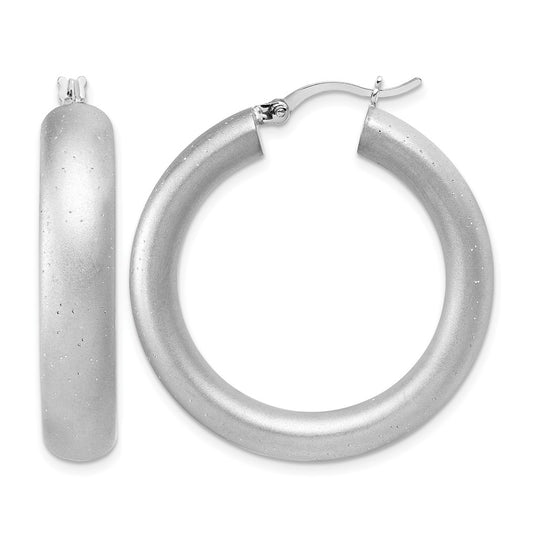 Sterling Silver Radiant Esse RH-plat Satin Sparkle Hoop Earrings