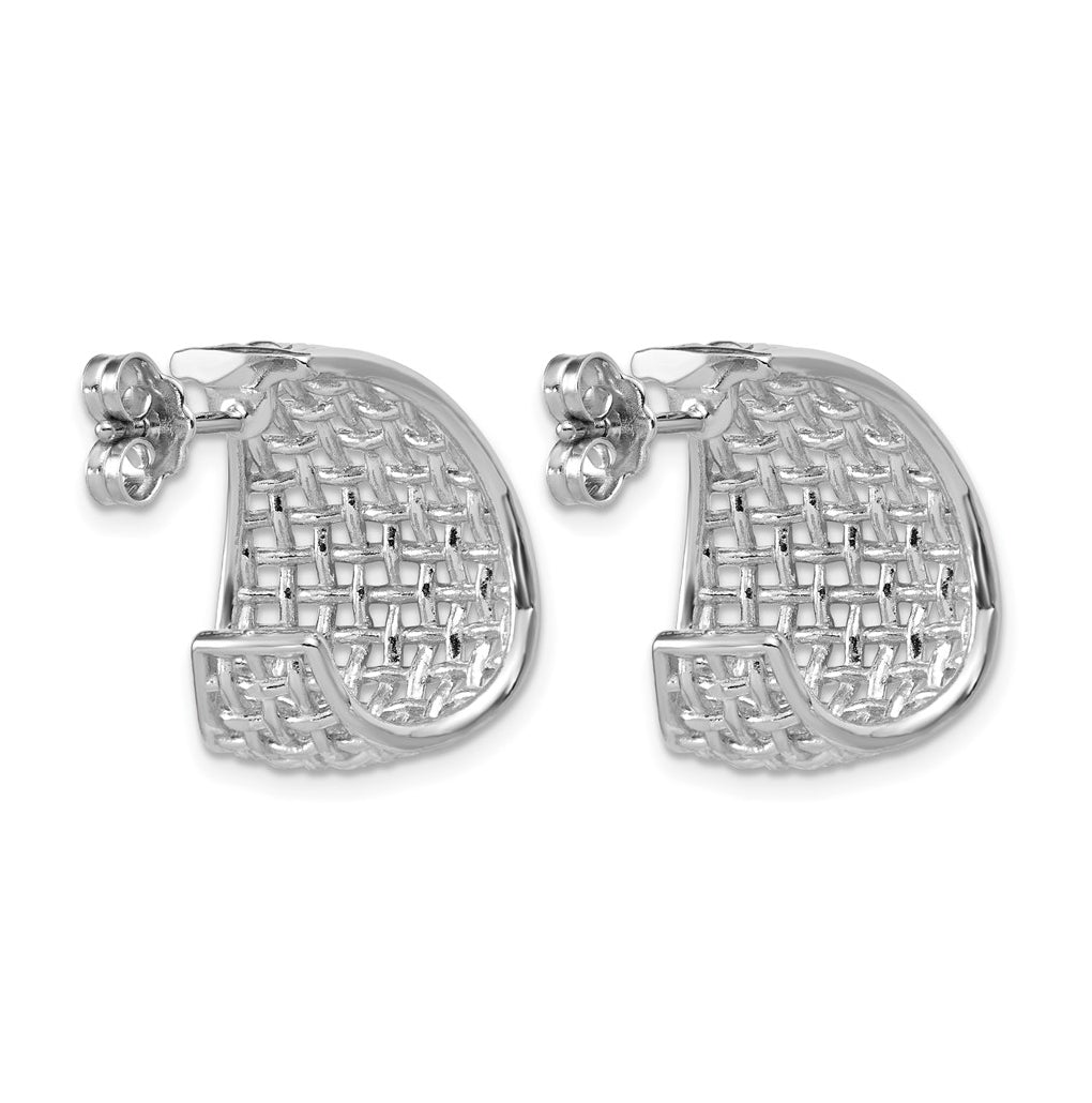 Sterling Silver RH-plated Polished Dia-cut Woven Pattern J-Hoop Po