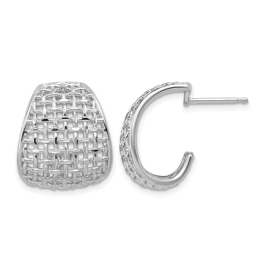 Sterling Silver RH-plated Polished Dia-cut Woven Pattern J-Hoop Po