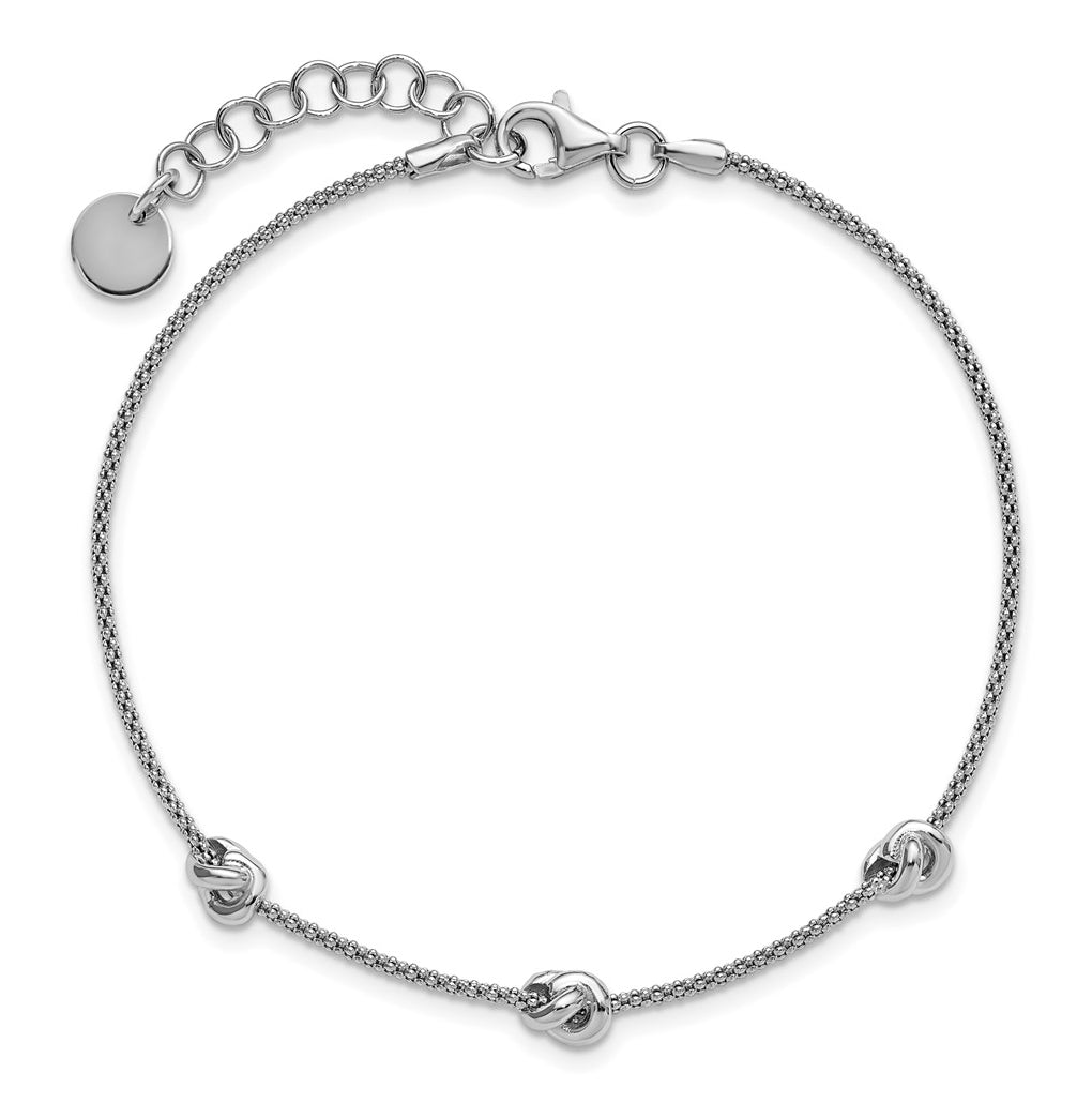 Sterling Silver RH-plt Polished Love Knot  w/1in ext. Bracelet