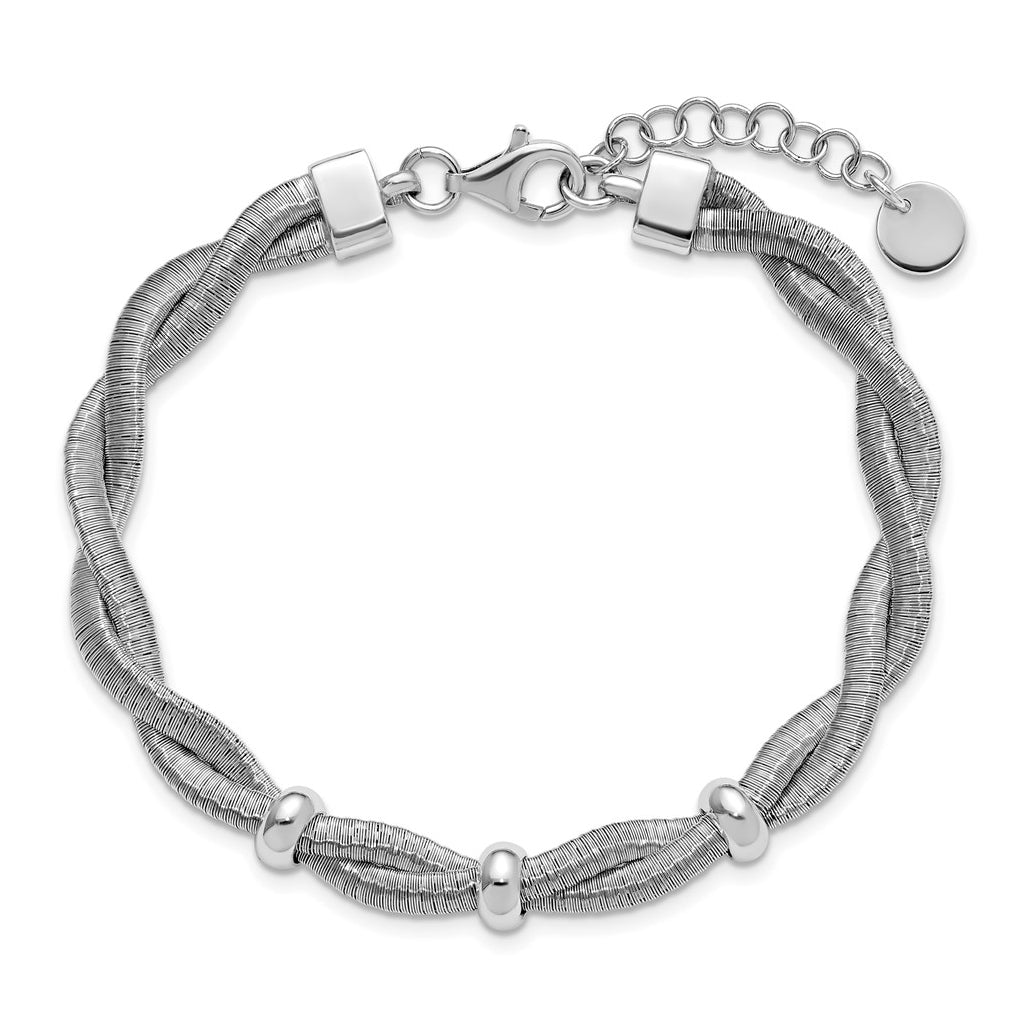 Sterling Silver RH-plated Polished Braided w/1in ext. Bracelet