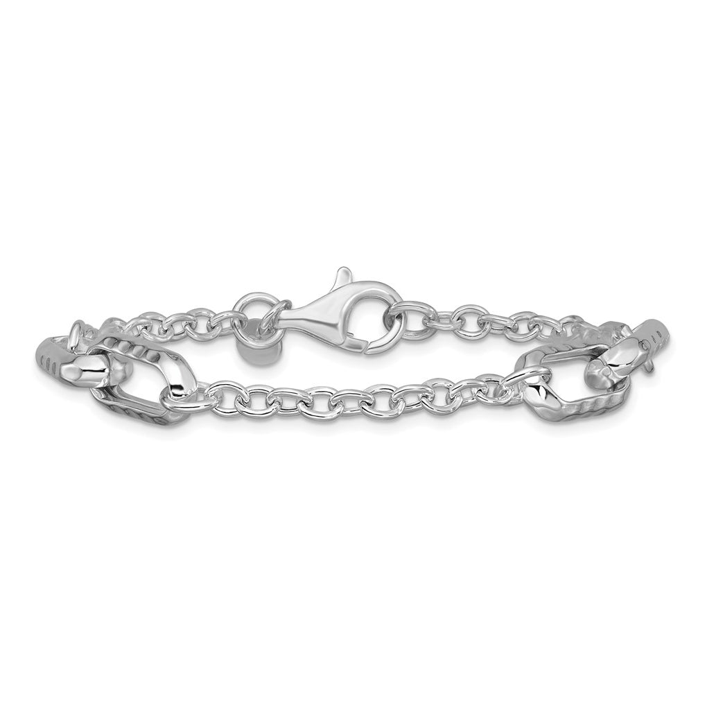 Sterling Silver RH-plated Polished and Hammered Link Bracelet