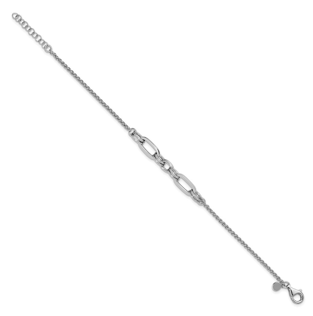 Sterling Silver RH-plated Fancy Oval Links w/1in ext. Bracelet