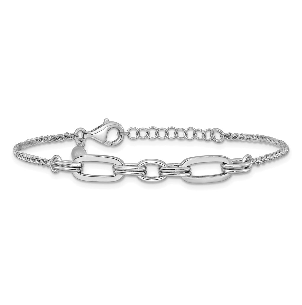 Sterling Silver RH-plated Fancy Oval Links w/1in ext. Bracelet