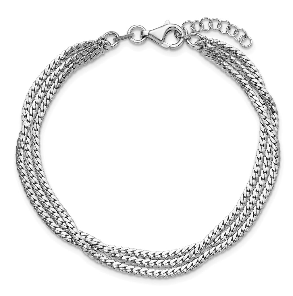 Sterling Silver RH-Plated Pol. Fancy 3-strand w/1in ext. Bracelet