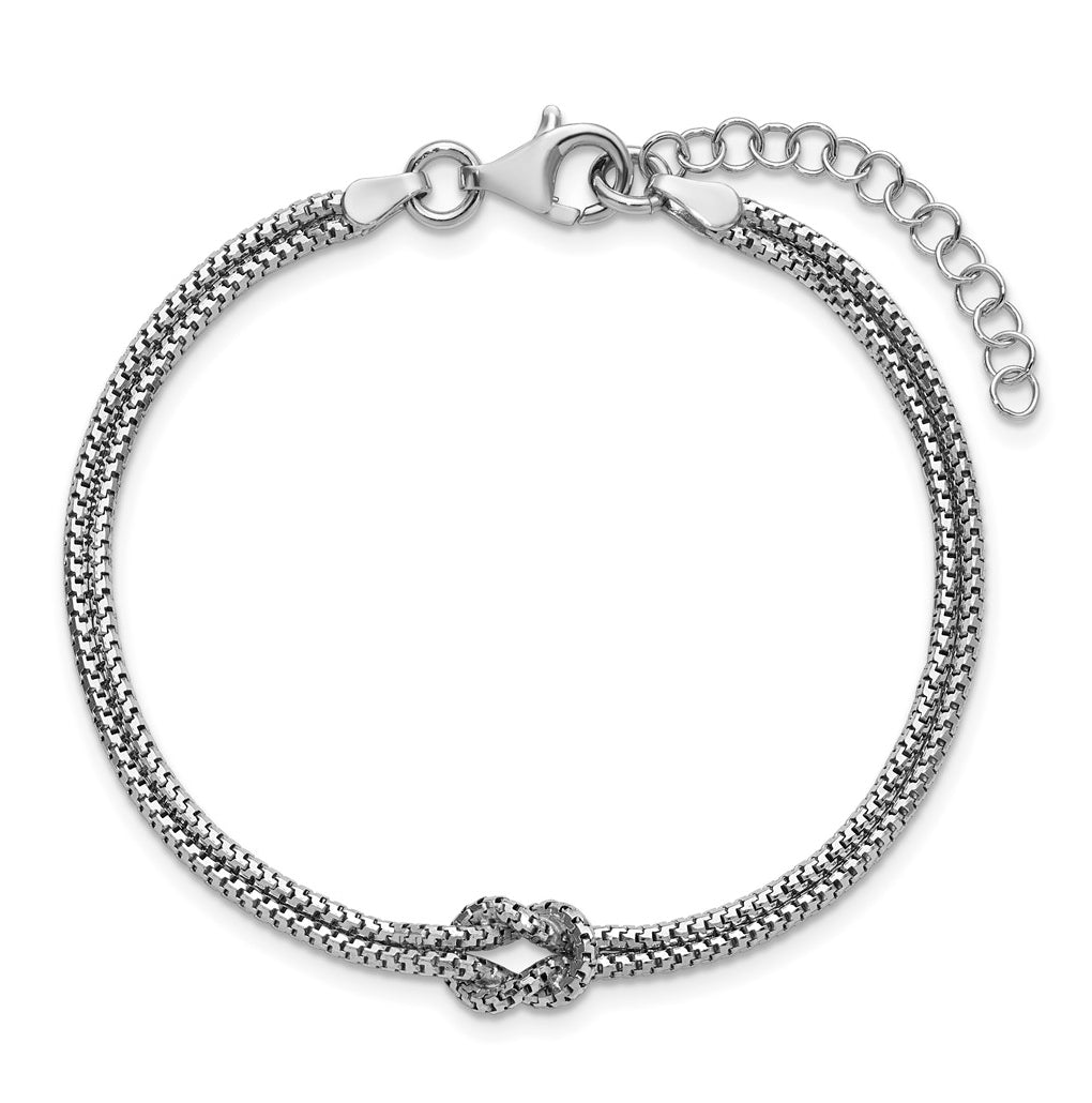 Sterling Silver RH-plt Pol. 2-Strand Knot w/1in ext. Bracelet