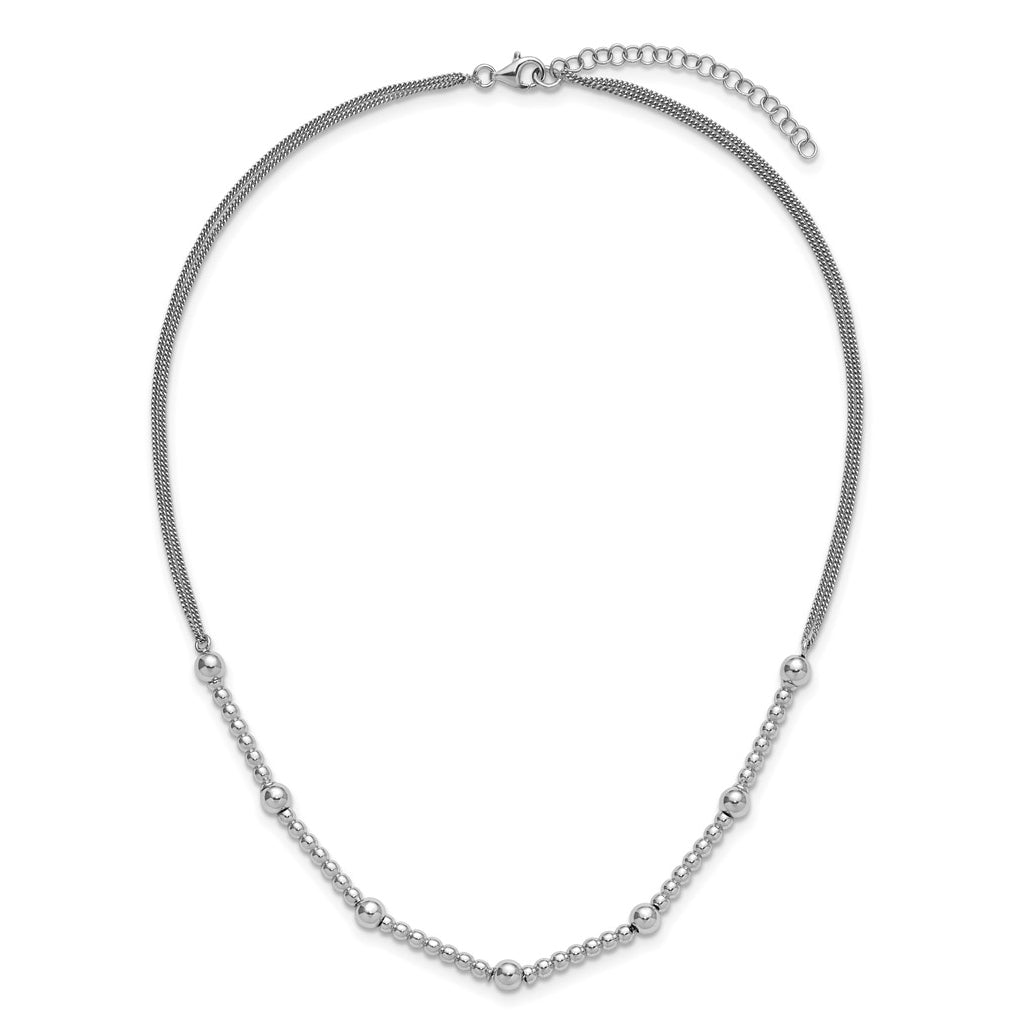 Sterling Silver RH-plt Polished 2-strand Beaded w/2in ext. Necklace