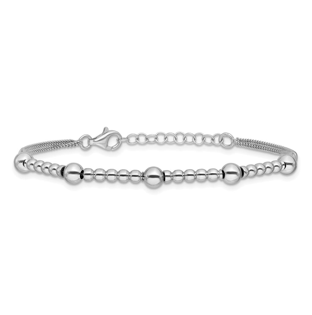 Sterling Silver RH-plt Pol. 2-strand Beaded w/1in ext. Bracelet