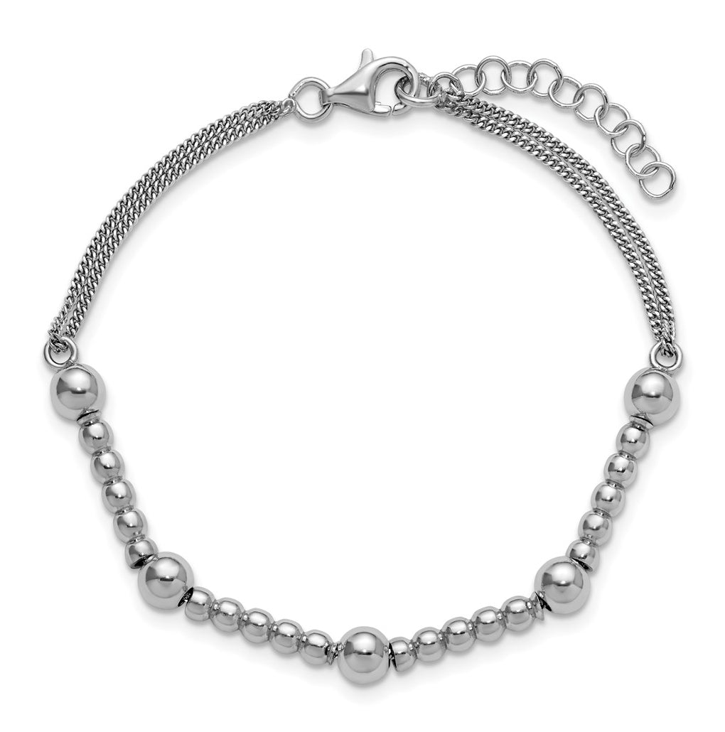 Sterling Silver RH-plt Pol. 2-strand Beaded w/1in ext. Bracelet