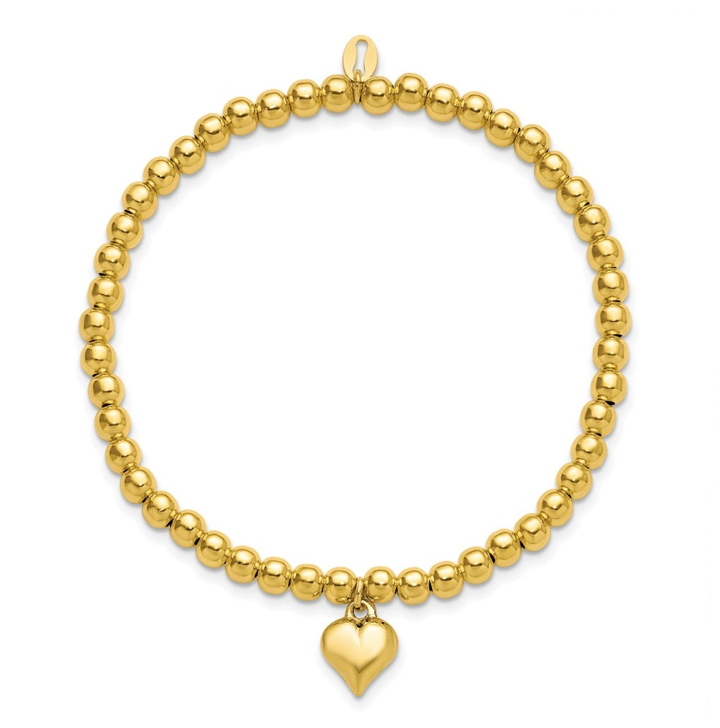Sterling Silver Gold-tone Pol. Heart Beaded Stretch Bracelet