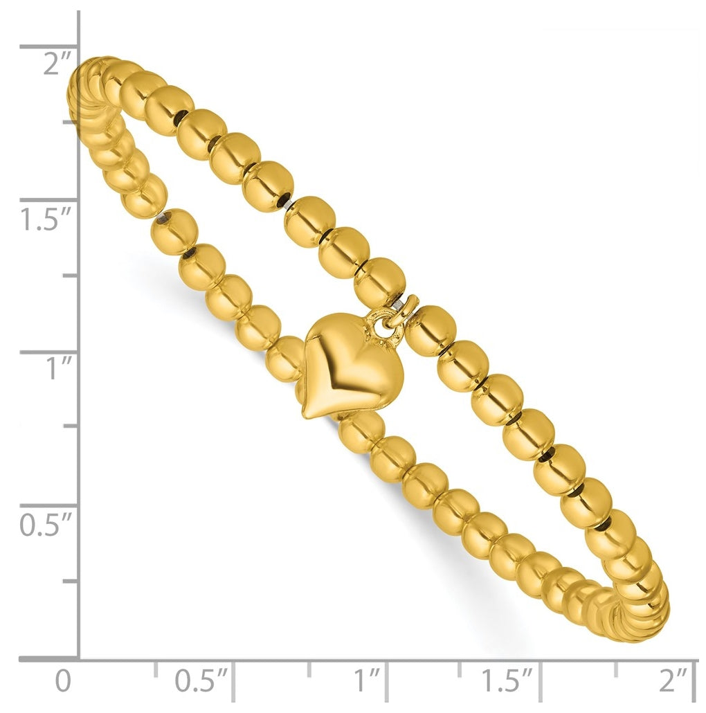 Sterling Silver Gold-tone Pol. Heart Beaded Stretch Bracelet