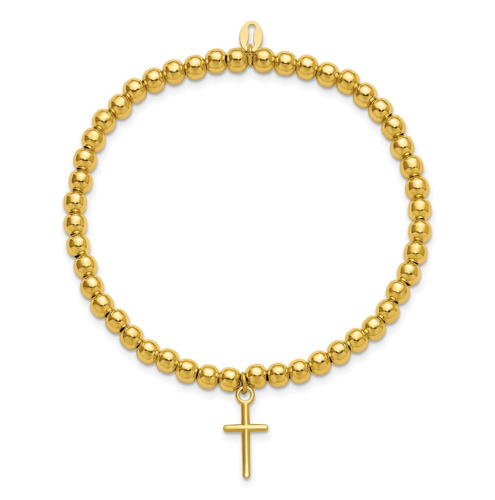 Sterling Silver Gold-tone Pol. Cross Beaded Stretch Bracelet