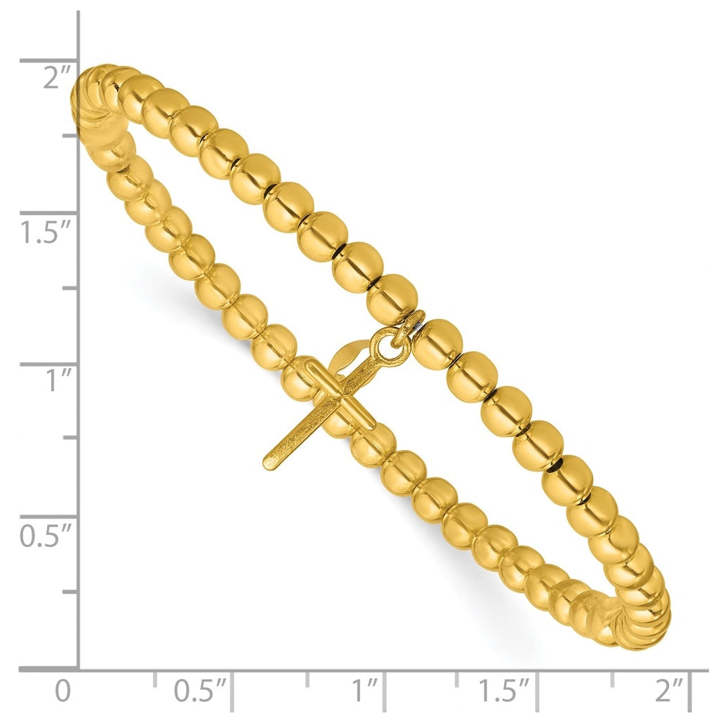 Sterling Silver Gold-tone Pol. Cross Beaded Stretch Bracelet