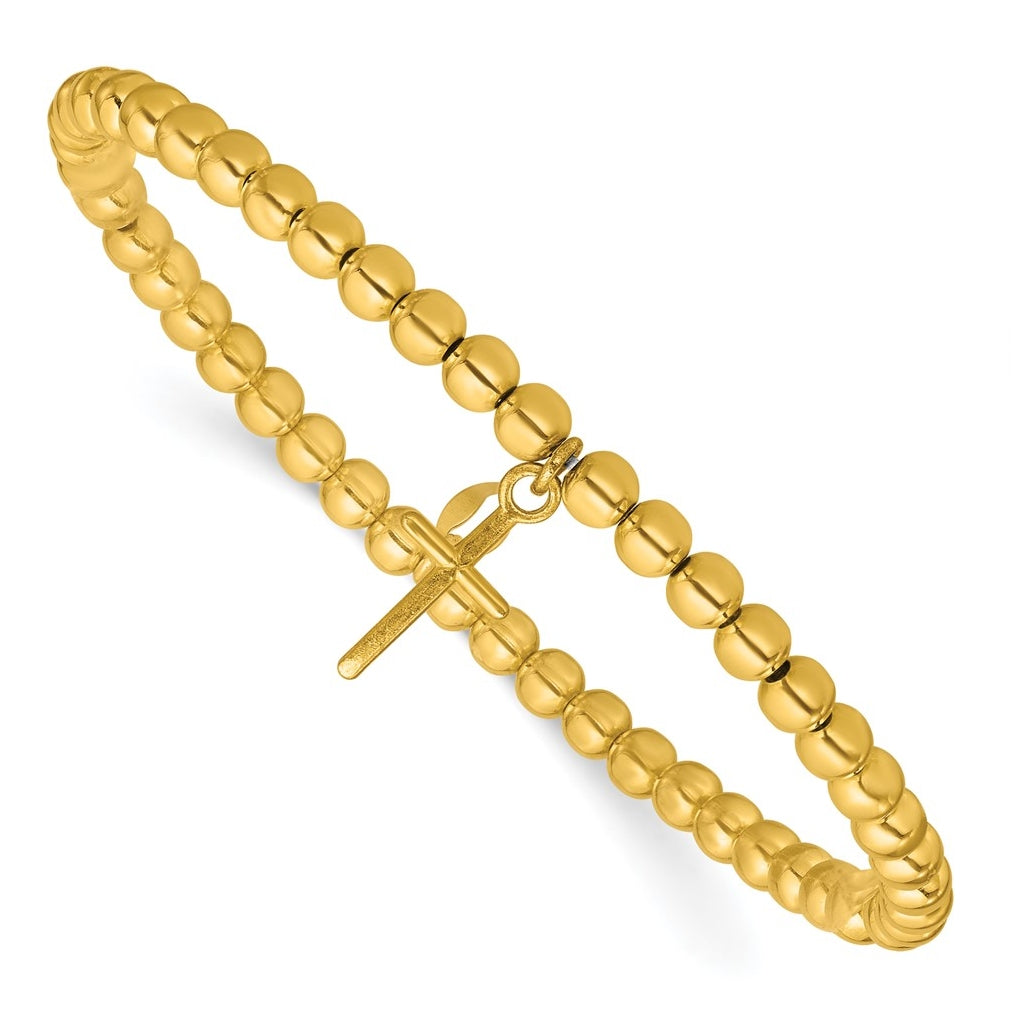 Sterling Silver Gold-tone Pol. Cross Beaded Stretch Bracelet