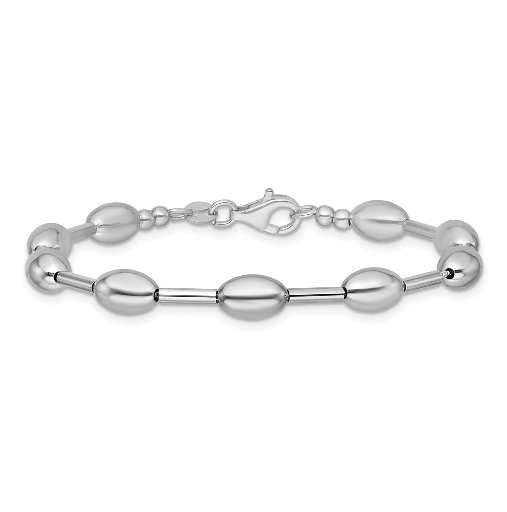 Sterling Silver RH-plated Polished Oval Beaded Bracelet