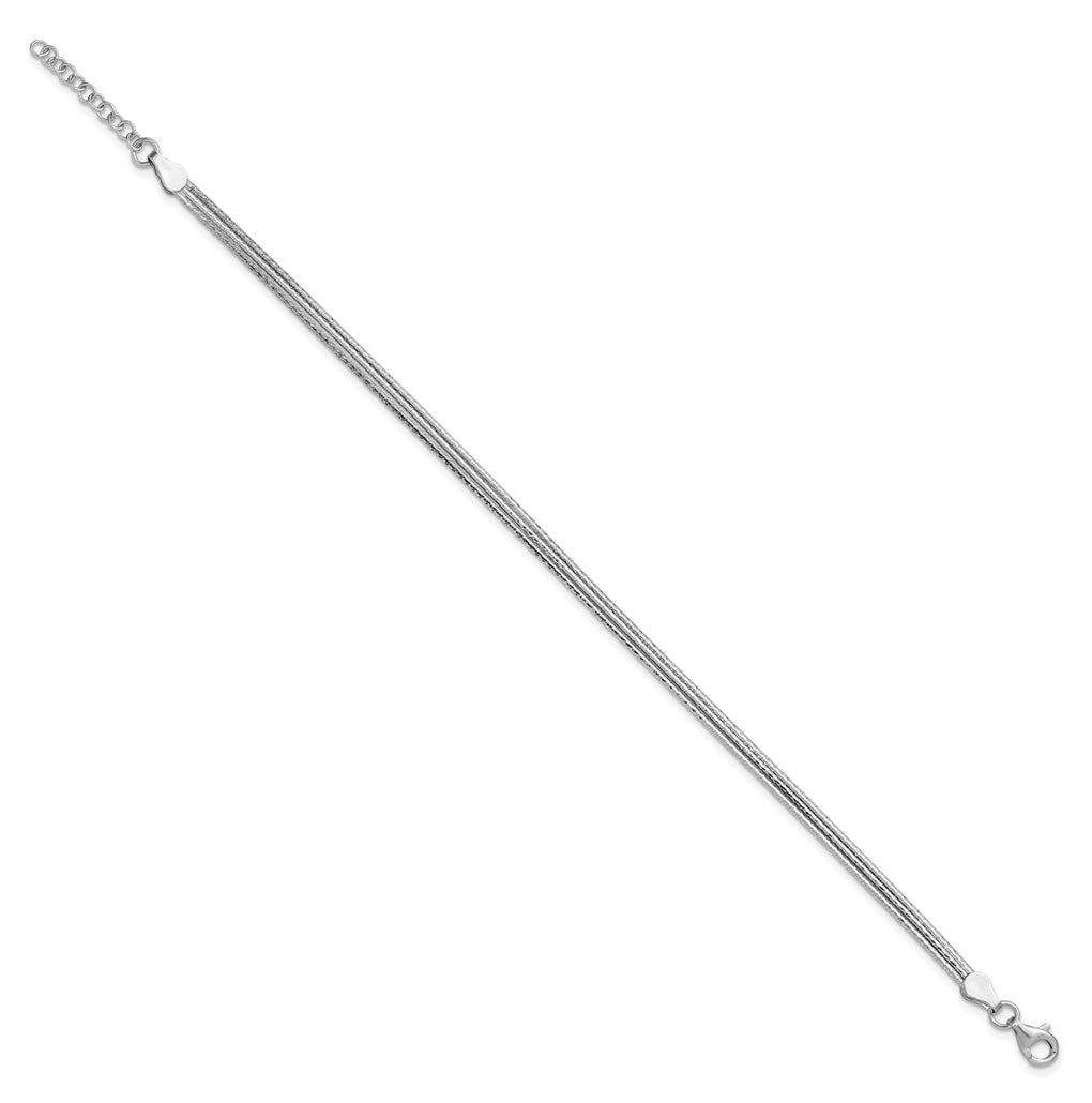 Sterling Silver RH-plated Diamond-cut Three Strand w/1in ext. Brac