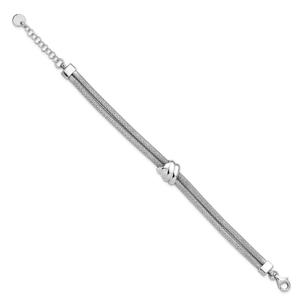 SS Rh-plt Polished/Textured 2 Strand Wrapped Knot w/1in ext. Bracelet