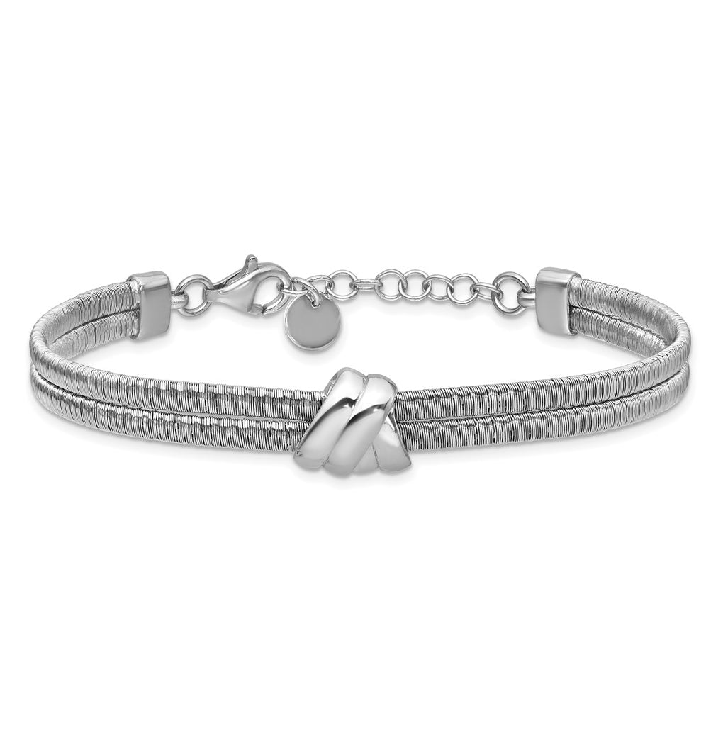 SS Rh-plt Polished/Textured 2 Strand Wrapped Knot w/1in ext. Bracelet
