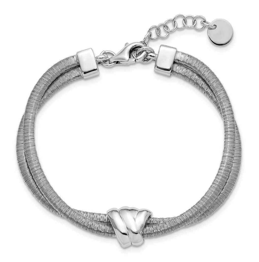 SS Rh-plt Polished/Textured 2 Strand Wrapped Knot w/1in ext. Bracelet