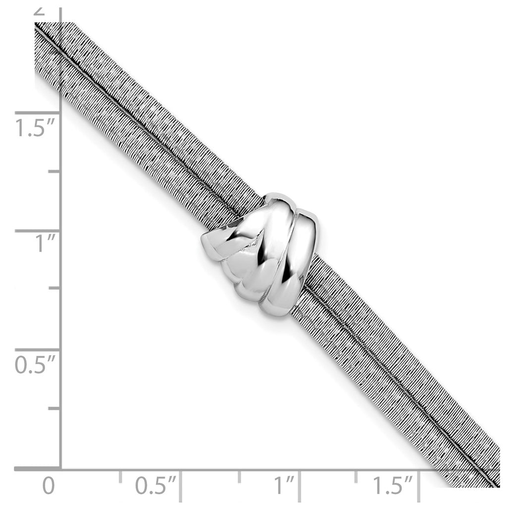 SS Rh-plt Polished/Textured 2 Strand Wrapped Knot w/1in ext. Bracelet