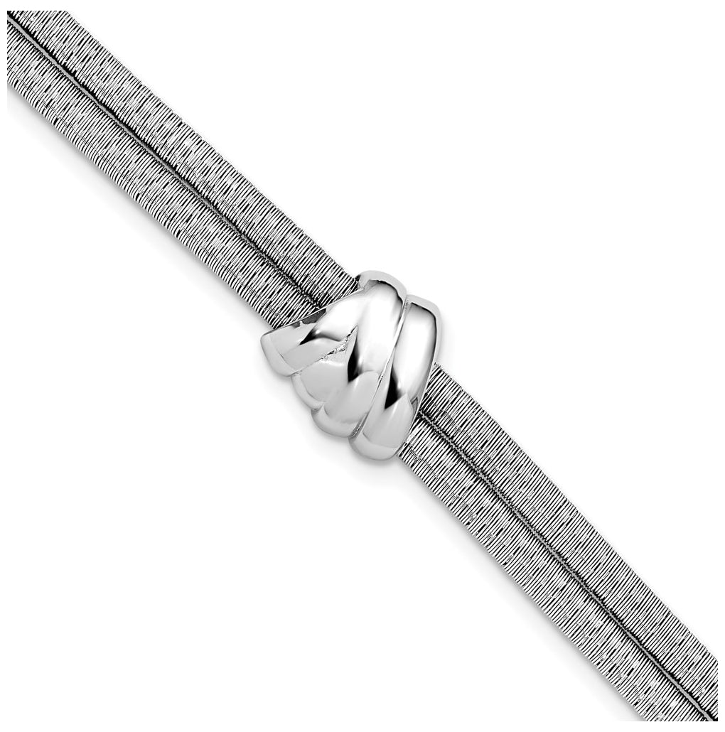 SS Rh-plt Polished/Textured 2 Strand Wrapped Knot w/1in ext. Bracelet