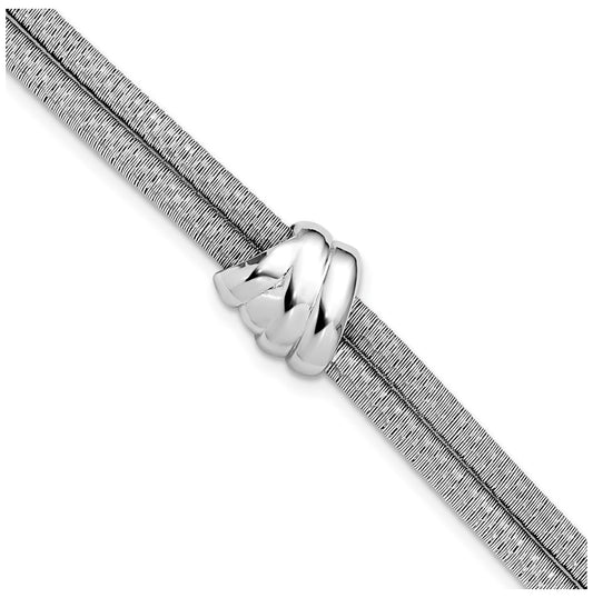 SS Rh-plt Polished/Textured 2 Strand Wrapped Knot w/1in ext. Bracelet