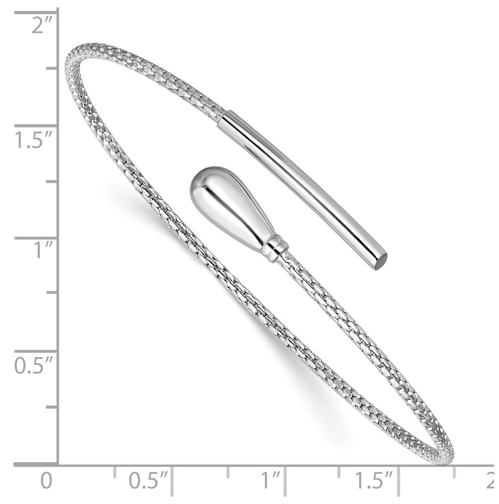 Sterling Silver RH-plated Polished and Textured Bypass Flexible Cuff Bangle