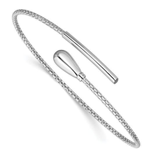 Sterling Silver RH-plated Polished and Textured Bypass Flexible Cuff Bangle