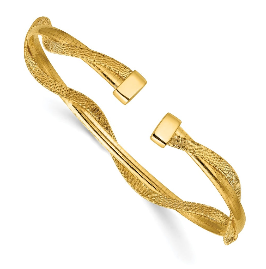 SS Gold-plat Polished/Textured Twisted 2-strand Flexible Cuff Bangle