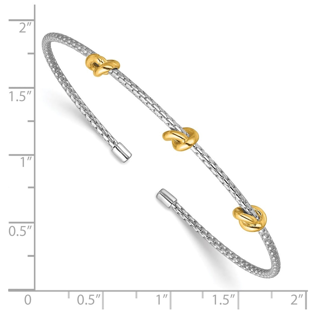SS RH-pl and Gold-pl Polished/Textured Love Knot Flexible Cuff Bangle
