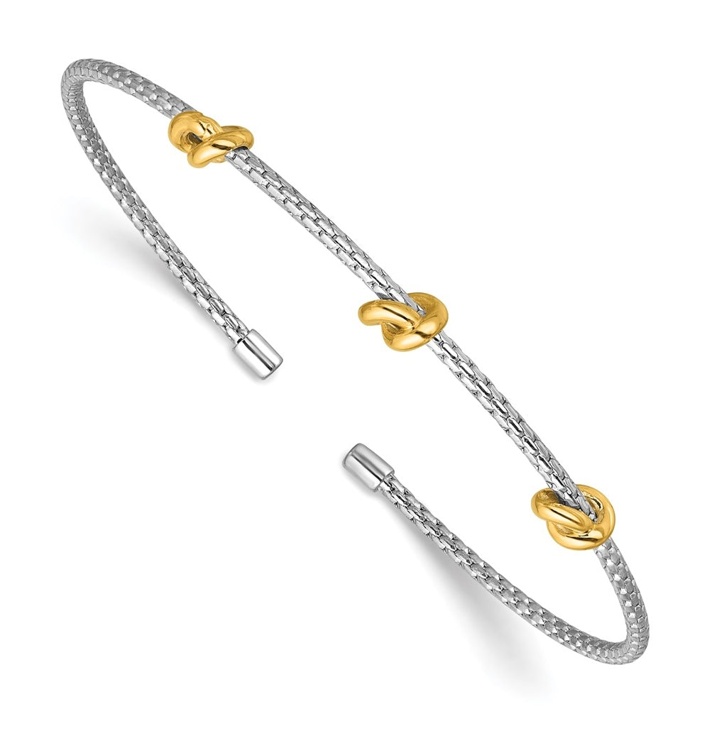 SS RH-pl and Gold-pl Polished/Textured Love Knot Flexible Cuff Bangle