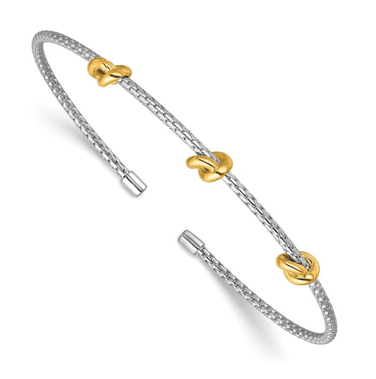 SS RH-pl and Gold-pl Polished/Textured Love Knot Flexible Cuff Bangle