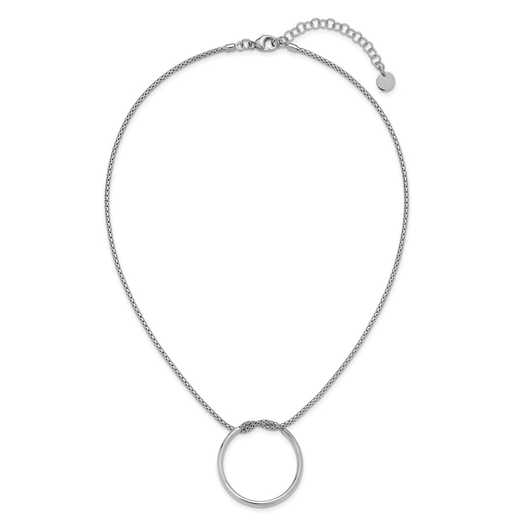 Sterling Silver RH-pl Polished/Textured Circle Pendant w/2in ext. Necklace